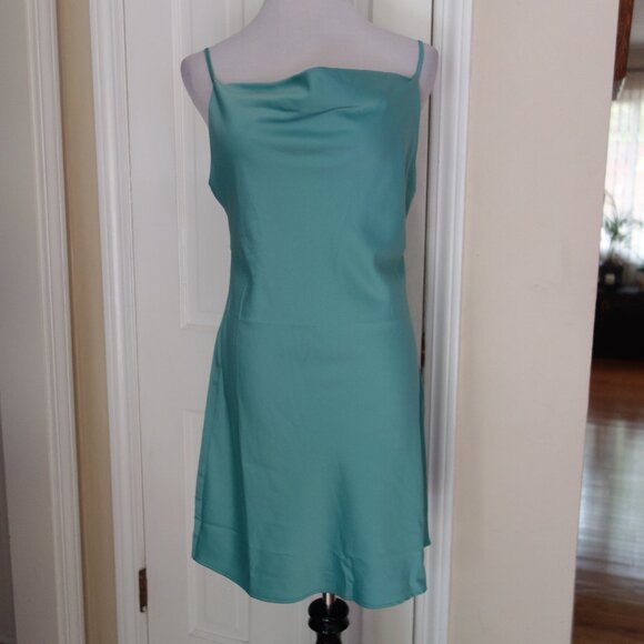 NWT $49 URBAN OUTFITTERS Satiny Cowl Neck Sage Green Slip Dress – Large - Picture 2 of 7